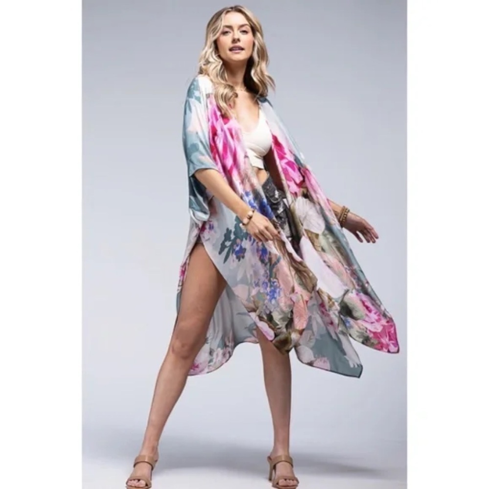 Rose Floral Printed Monet Spring Summer Open Style Kimono Wrap Coverup Top - Picture 2 of 5